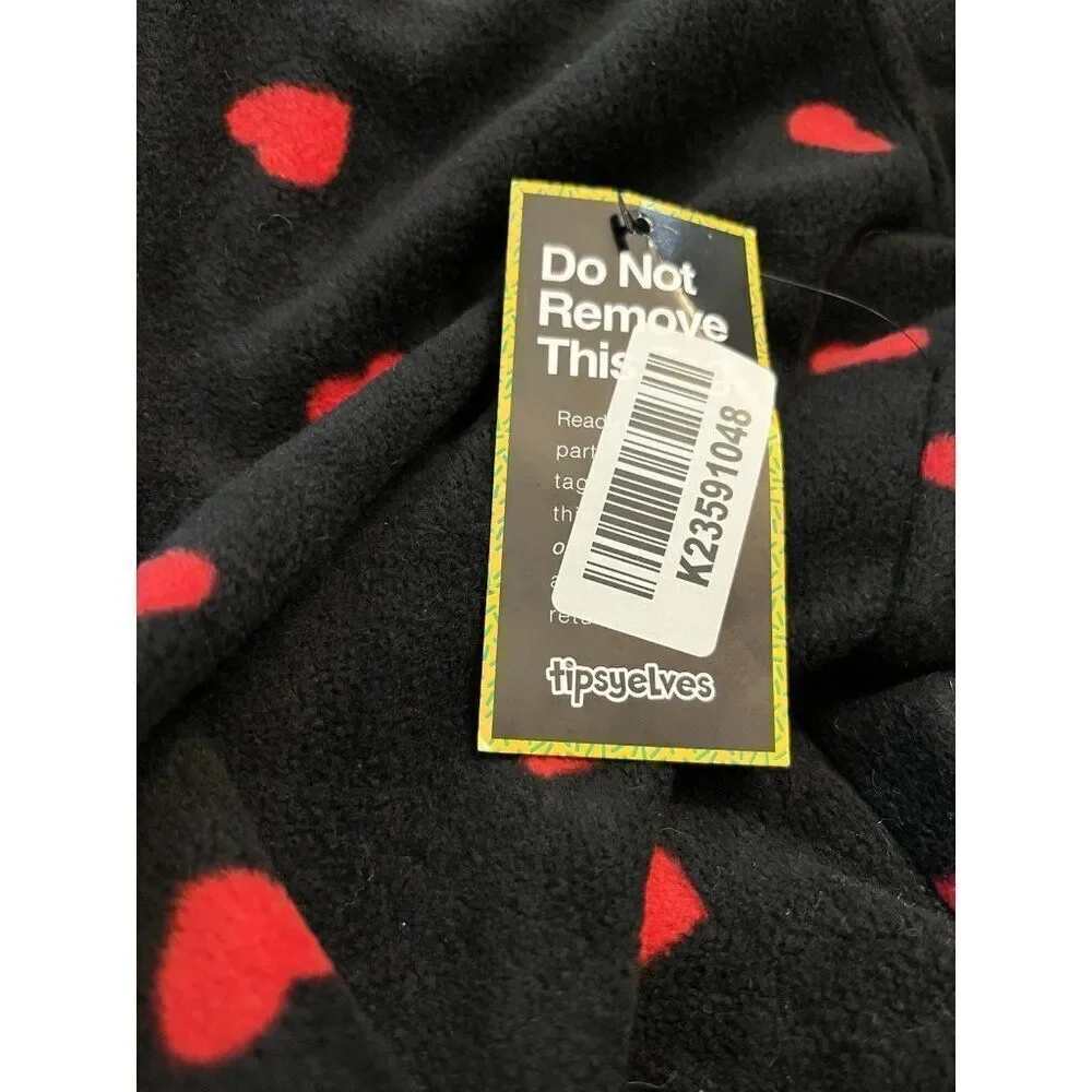 Tipsy Elves Ladies XL Hearts on Fire Hooded Zip Fleece Pajama Jumpsuit New